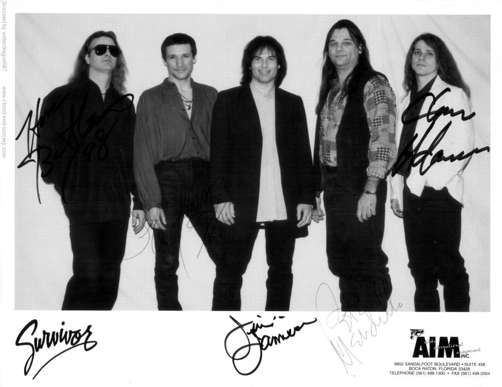 'Jimi Jamison's Survivor,' circa 1998; from an Artists International promotional photograph, with signatures from Hal Butler (keys), Jeff Adams (bass), Pete Mendillo (drums), and Chris Adamson (lead guitar)
