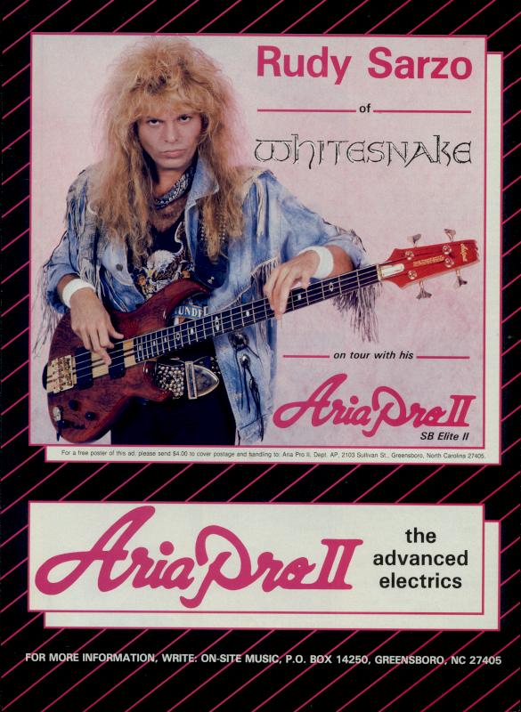 Rudy Sarzo, circa 1987; from an endorsement ad for Aria Pro II bass guitars