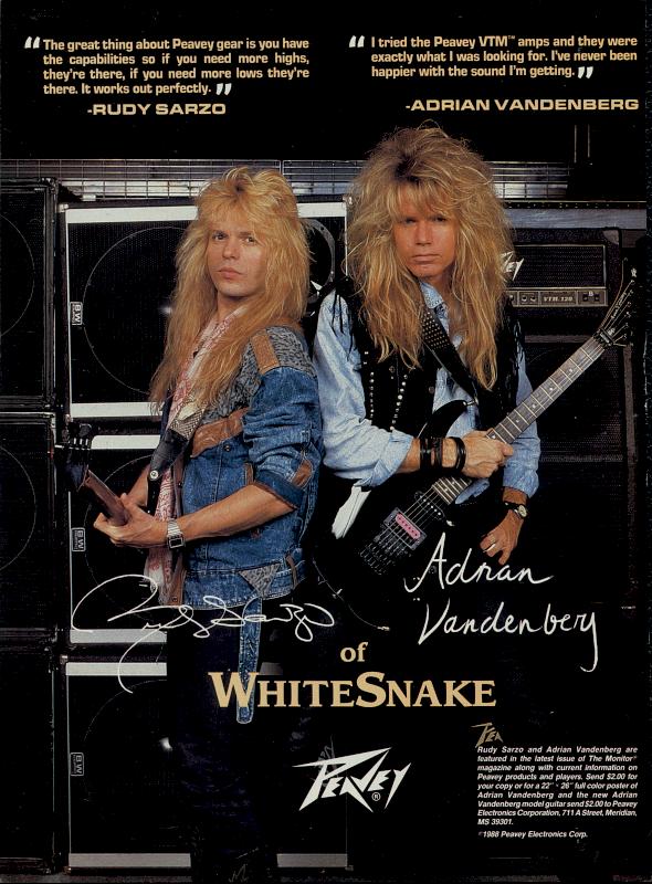 Rudy Sarzo and Adrian Vandenberg, circa 1987, from an endorsement ad for Peavey